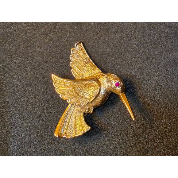 Gold-Tone Hummingbird Pin Brooch With Red Eye Detail - Picture 6 of 8